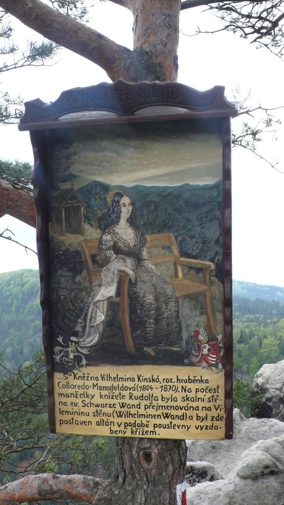 These painted information boards were common on the walk. This one I think explains something about the woman in the painting Countess Vilhelmina, who married into the House of Kinsky. In honour of her husband, the rock wall in the Schwarze Wand (I think the name of the rock feature) and a gazebo were built and a cross erected. These painted information boards were common on the walk. This one I think explains something about the woman in the painting Countess Vilhelmina, who married into the House of Kinsky. In honour of her husband, the rock wall in the Schwarze Wand (I think the name of the rock feature) and a gazebo were built and a cross erected.