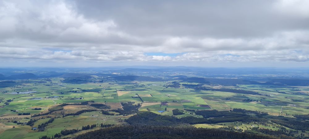 View from the top - looking north towards Deloraine, Montana, Red Hills and Bass Strait. View from the top - looking north towards Deloraine, Montana, Red Hills and Bass Strait.